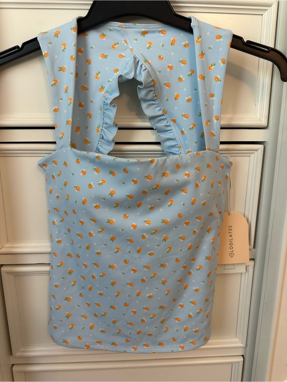 LOGILATES Light Blue Orange Floral Ruffle Back Tank Top NWT
